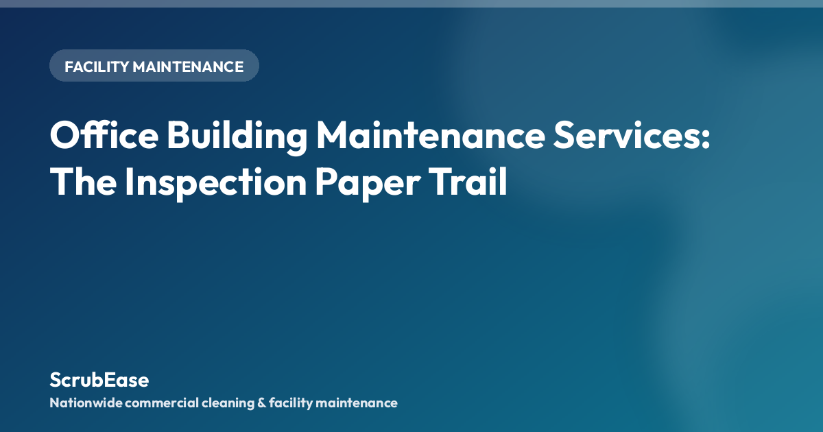 A facility manager reviewing a maintenance inspection checklist in an office building hallway.