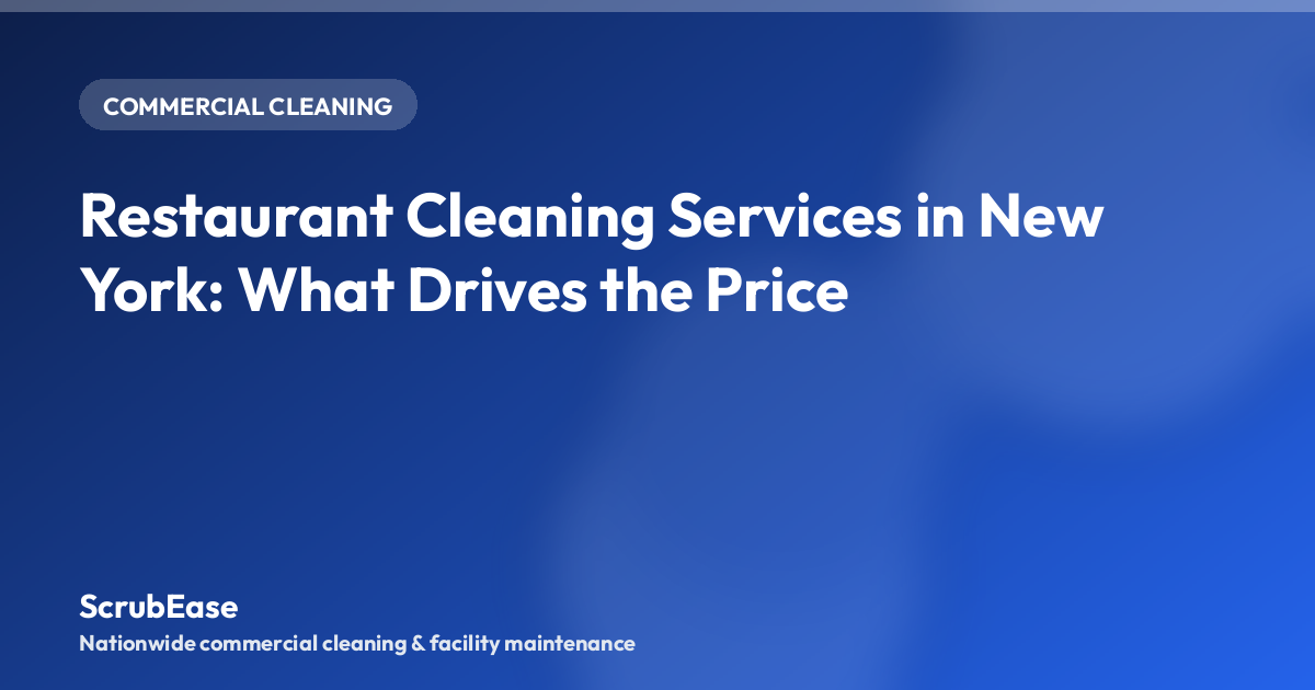 A commercial kitchen and dining room being cleaned after closing in a New York restaurant.