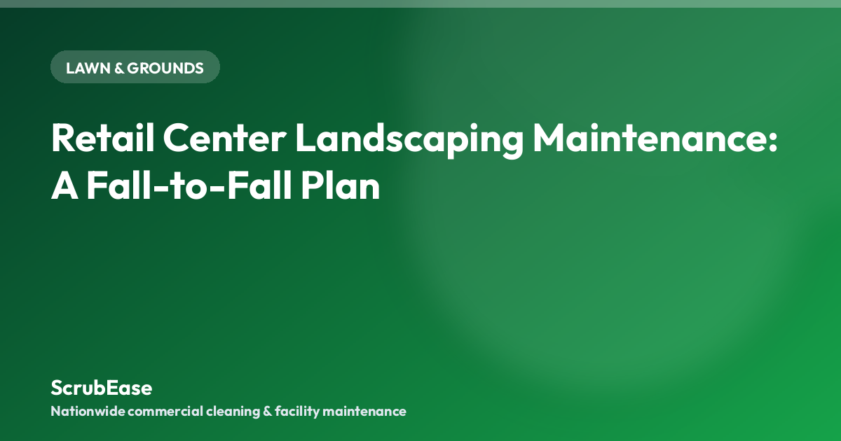 A landscaping crew edges hedges and clears leaves in front of a retail center storefront in early fall.