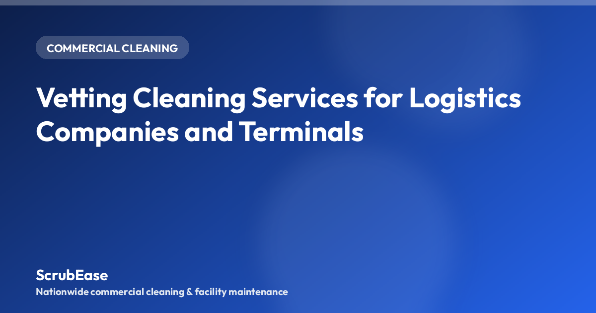 A janitorial crew cleaning a trucking terminal driver lounge near a fleet yard at dusk.